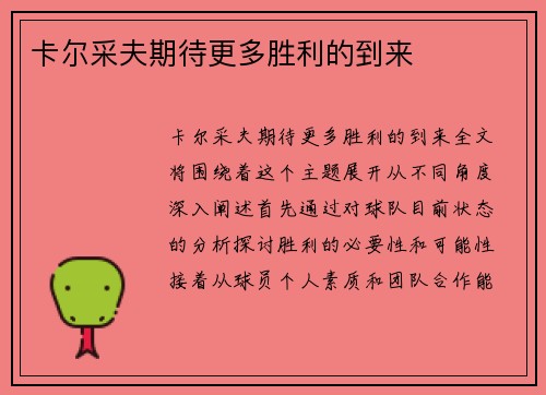 卡尔采夫期待更多胜利的到来